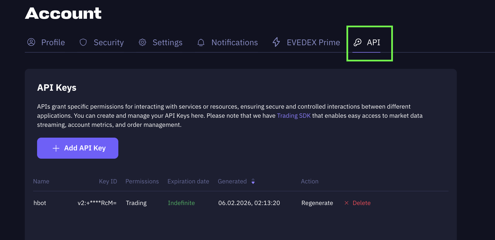Evedex Apikey generation