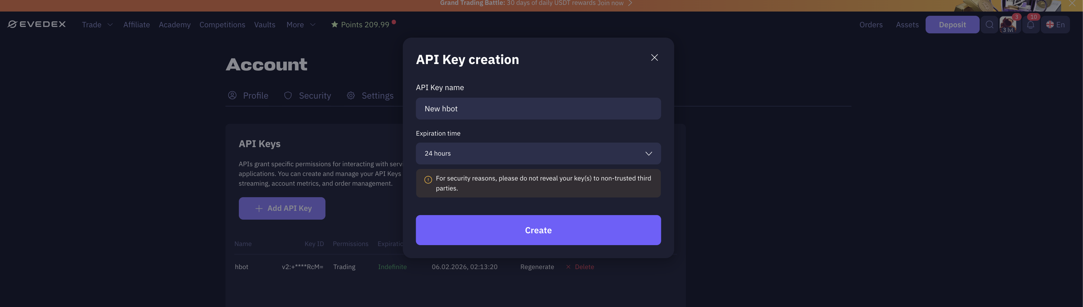 Evedex Apikey Creation