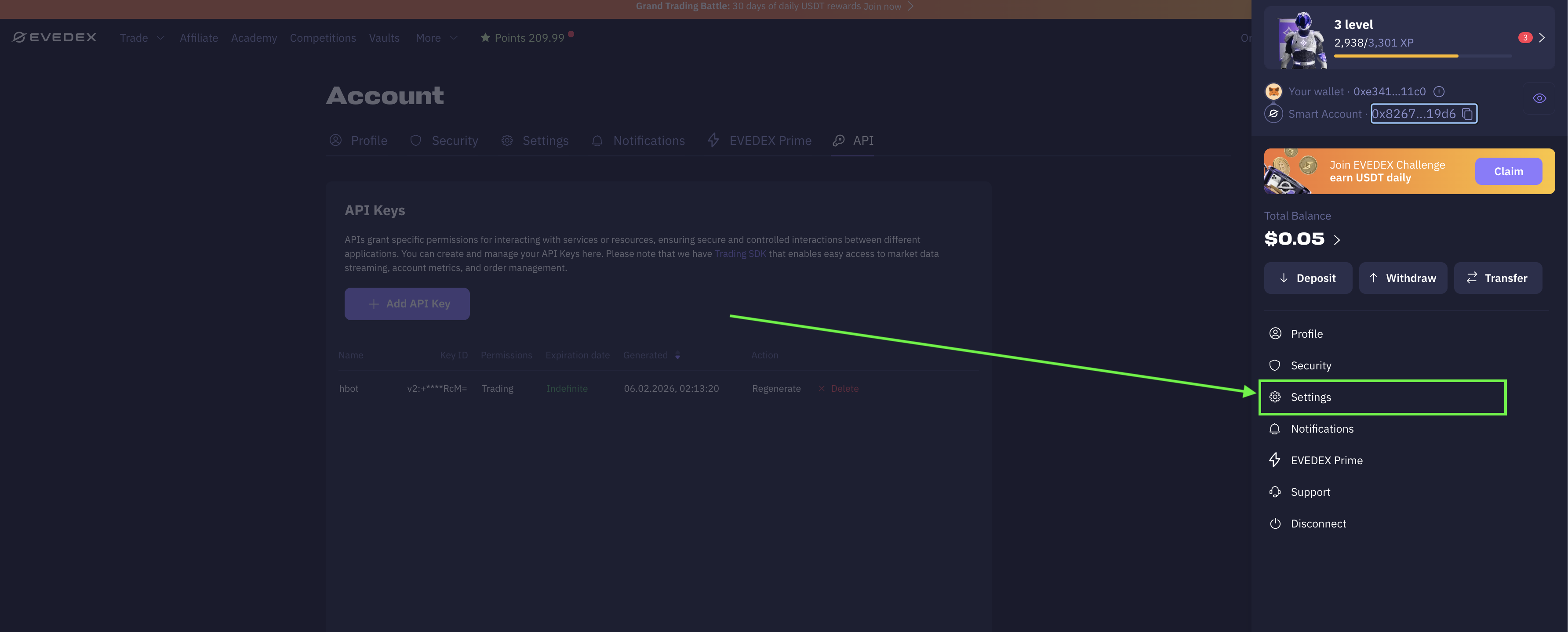 Settings page